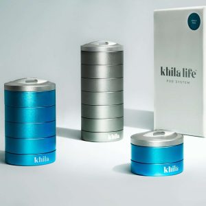 Khila vitamin and supplement organiser in teal and grey with box