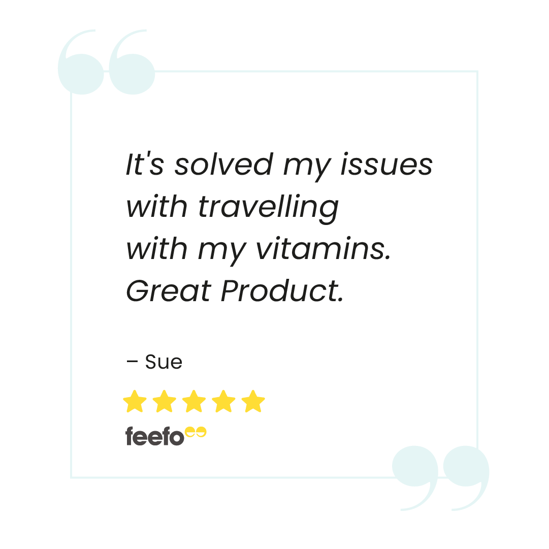 Review reading: It's solved my issues with travelling with my vitamins. Great Product. - Sue (5 stars on Feefo)